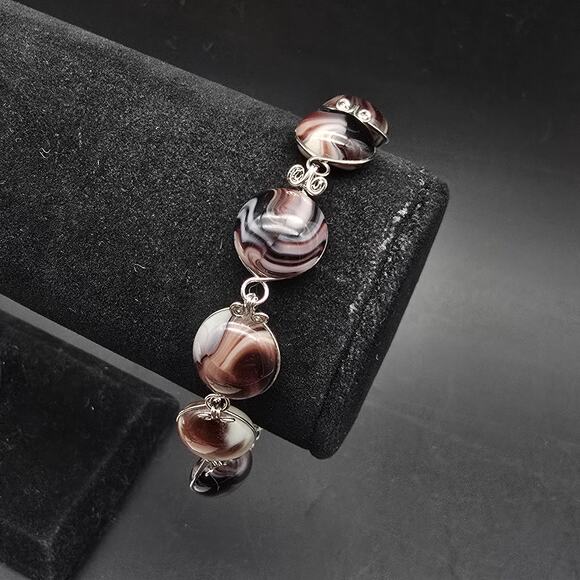 Purple Marbled Glass Bracelet Silver Tone Artisan - Picture 6 of 8